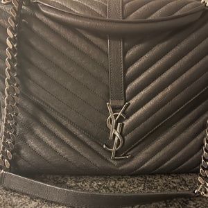 YSL Large Monogram Matelassé Chevron Collège Bag -  Silver Hardware
